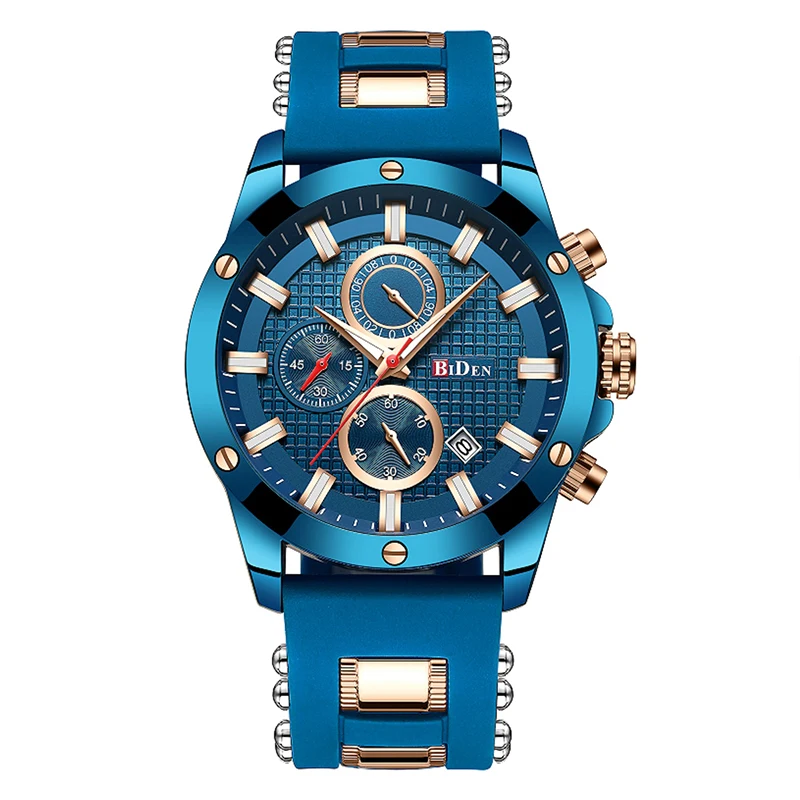 BIDEN Fashionable men's sports watch large dial chronograph calendar waterproof blue silicone strap men's luminous quartz watch
BIDEN Fashionable men's sports watch large dial chronograph calendar waterproof blue silicone strap men's luminous quartz watch