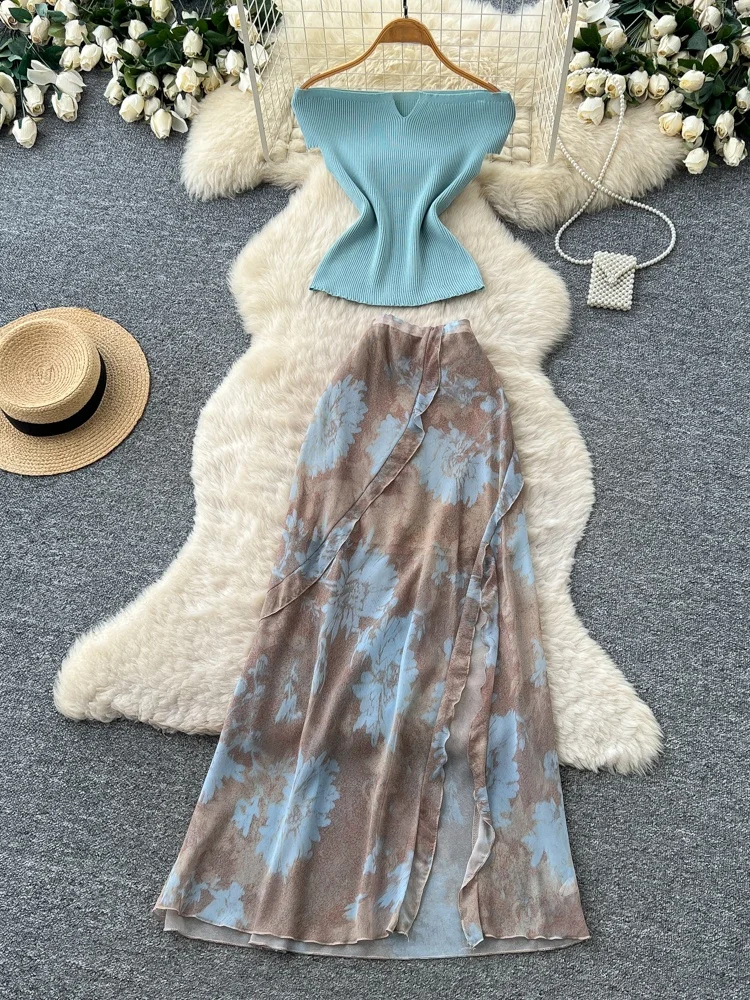 Blue Lazy Feel Knitted One Shoulder Top with Floral Print Skirt Women's Summer Commute Two-Piece Set Casual Workwear
Blue Lazy Feel Knitted One Shoulder Top with Floral Print Skirt Women's Summer Commute Two-Piece Set Casual Workwear