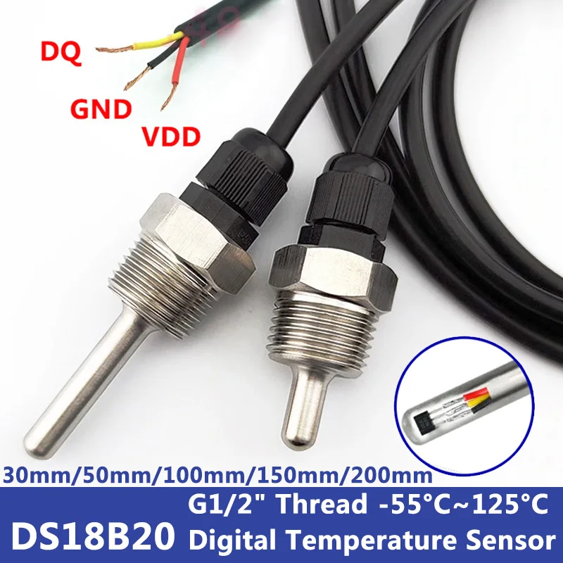 DS18B20 Digital Temperature Sensor G1/2" Thread Probe DIA=8mm PVC 3-core Wire SUS304 Stainless Steel Shell L30-150mm
DS18B20 Digital Temperature Sensor G1/2" Thread Probe DIA=8mm PVC 3-core Wire SUS304 Stainless Steel Shell L30-150mm