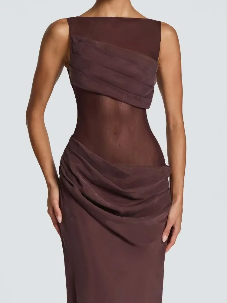 Women Brown Mesh Cutout Maxi Dress Sleeveless Boat Neck Draped Ruched Waist Sheer Fitted Mermaid Hem Dresses 2026 Party Gowns
Women Brown Mesh Cutout Maxi Dress Sleeveless Boat Neck Draped Ruched Waist Sheer Fitted Mermaid Hem Dresses 2026 Party Gowns