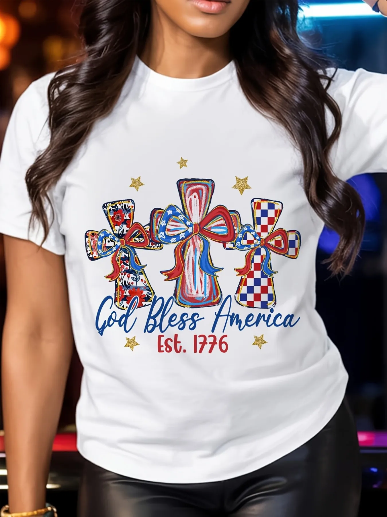 Plus size women's short sleeve T-shirt Cross With Stars And Stripes Pattern breathable fabric summer outfit women's clothing
Plus size women's short sleeve T-shirt Cross With Stars And Stripes Pattern breathable fabric summer outfit women's clothing