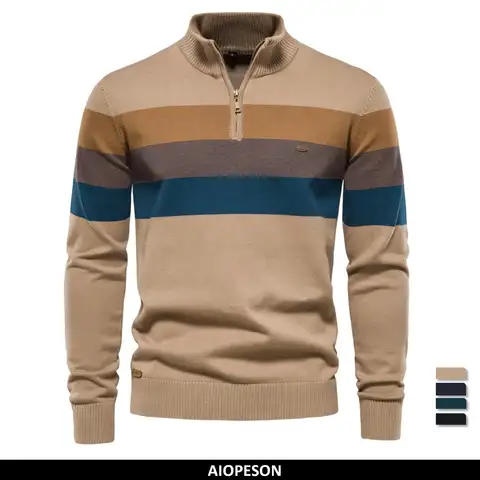AIOPESON Men's Cotton Mock Neck Stand Collar Sweaters Quarter Zipper Pullover Autumn Winter Warm Social Casual Sweater for Men
