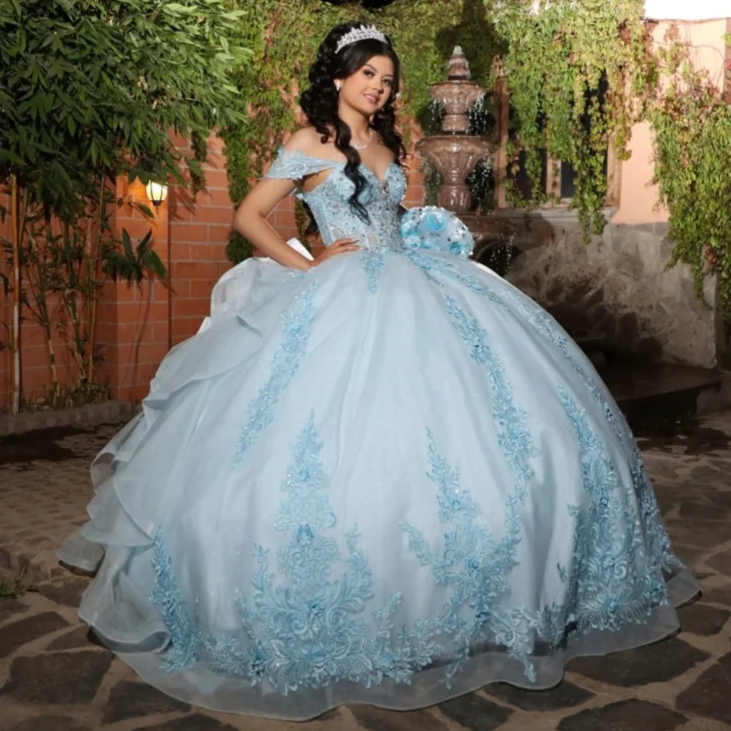Light Blue Quinceanera Dress off-shoulder Sequins 3D Flower Decal Layering Long tail vestidos de 15 Quinceanera Customize
Light Blue Quinceanera Dress off-shoulder Sequins 3D Flower Decal Layering Long tail vestidos de 15 Quinceanera Customize
