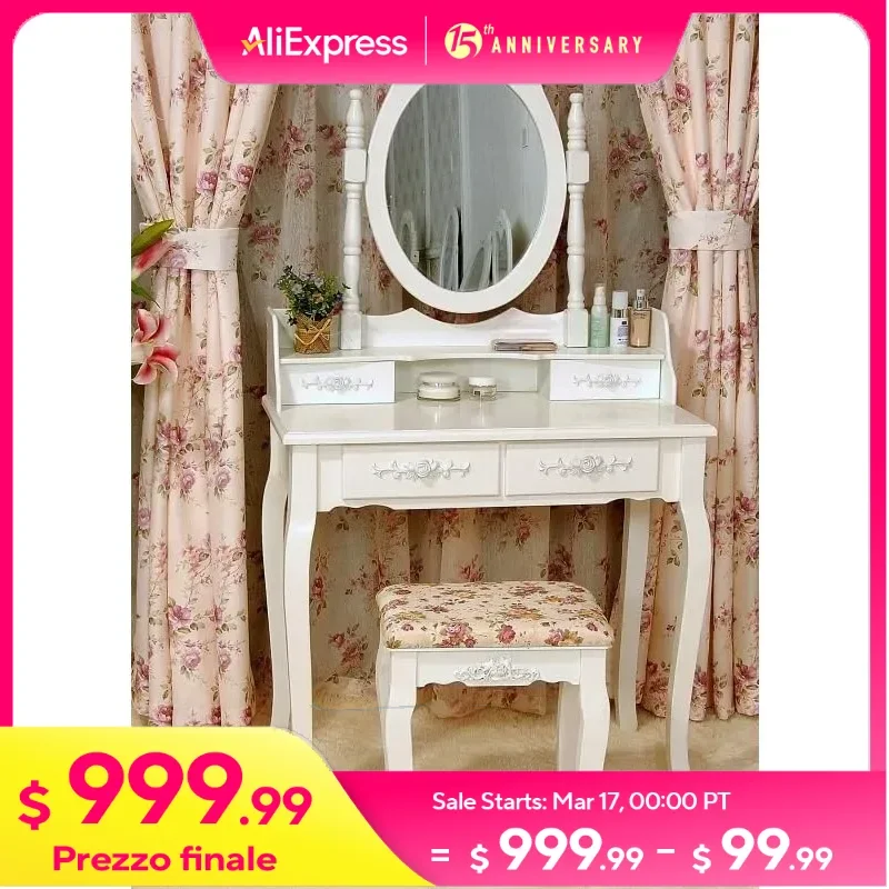 Vanity Table Set, 4 Drawers Makeup Table with Oval Mirror & Stool, Bedroom Wood Dressing Table White
Vanity Table Set, 4 Drawers Makeup Table with Oval Mirror & Stool, Bedroom Wood Dressing Table White