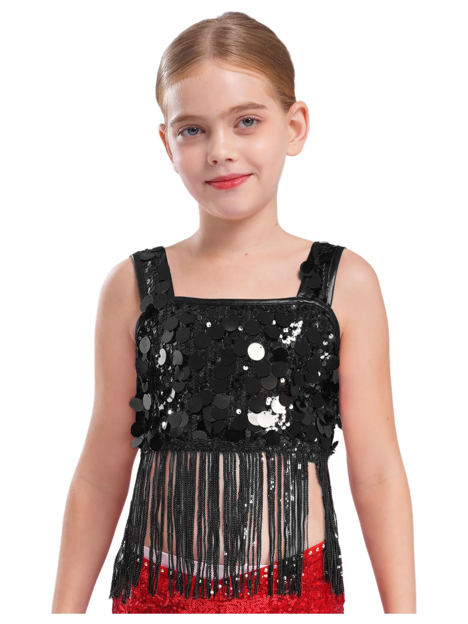 Girls Jazz Performance Set Sleeveless Vest Glittery Sequin Tassels Crop Top with Elastic Waistband Shorts for Party Competition
Girls Jazz Performance Set Sleeveless Vest Glittery Sequin Tassels Crop Top with Elastic Waistband Shorts for Party Competition