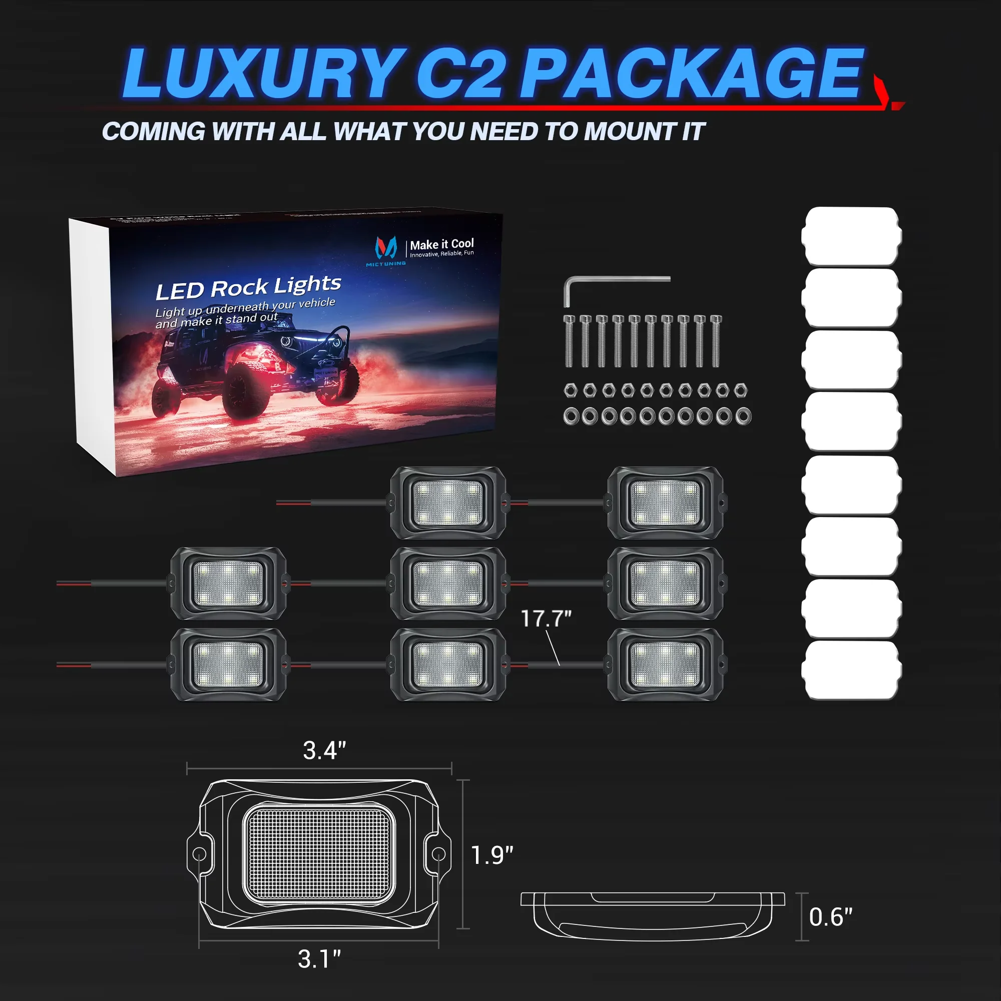 MICTUNING 8 Pods C2 Red/Green LED Rock Lights,Curved High Bright Underbody Light,IP68 Waterproof Underglow Lamp For offroad boat
MICTUNING 8 Pods C2 Red/Green LED Rock Lights,Curved High Bright Underbody Light,IP68 Waterproof Underglow Lamp For offroad boat