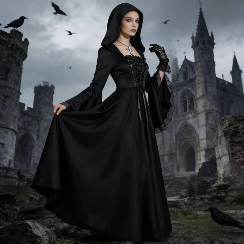 New Halloween Medieval Witch Dark Gothic Long Satin Gown with Hat Chest Strap Waist Cinch Self-Designed Black Dress
New Halloween Medieval Witch Dark Gothic Long Satin Gown with Hat Chest Strap Waist Cinch Self-Designed Black Dress
