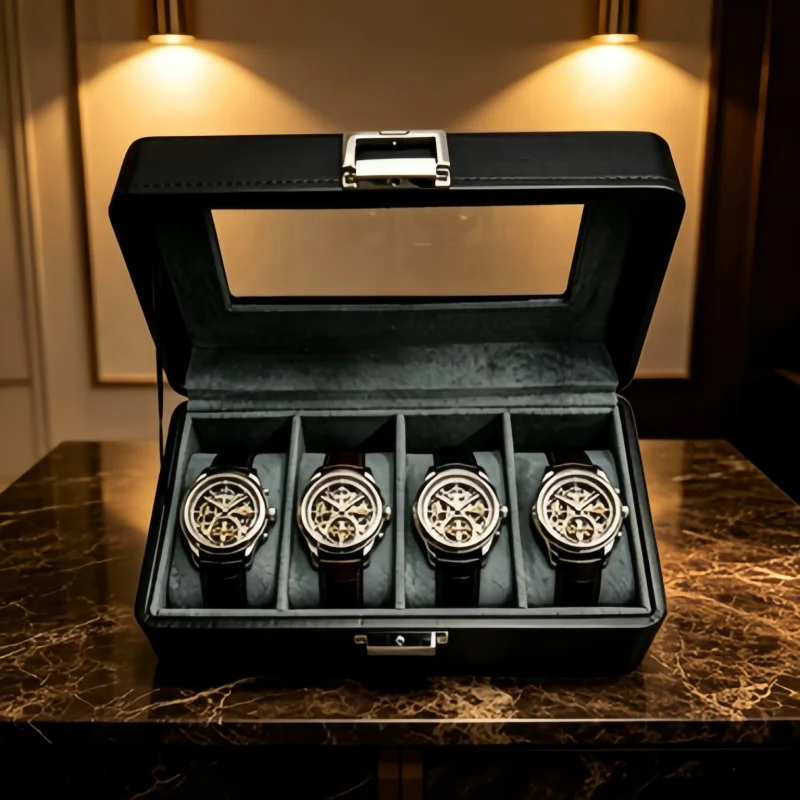 4 Slot Watch Display Box with Clear Window, Lockable Leather Watch Storage Case + Self-Closing Pouch for Watch Collectors
4 Slot Watch Display Box with Clear Window, Lockable Leather Watch Storage Case + Self-Closing Pouch for Watch Collectors