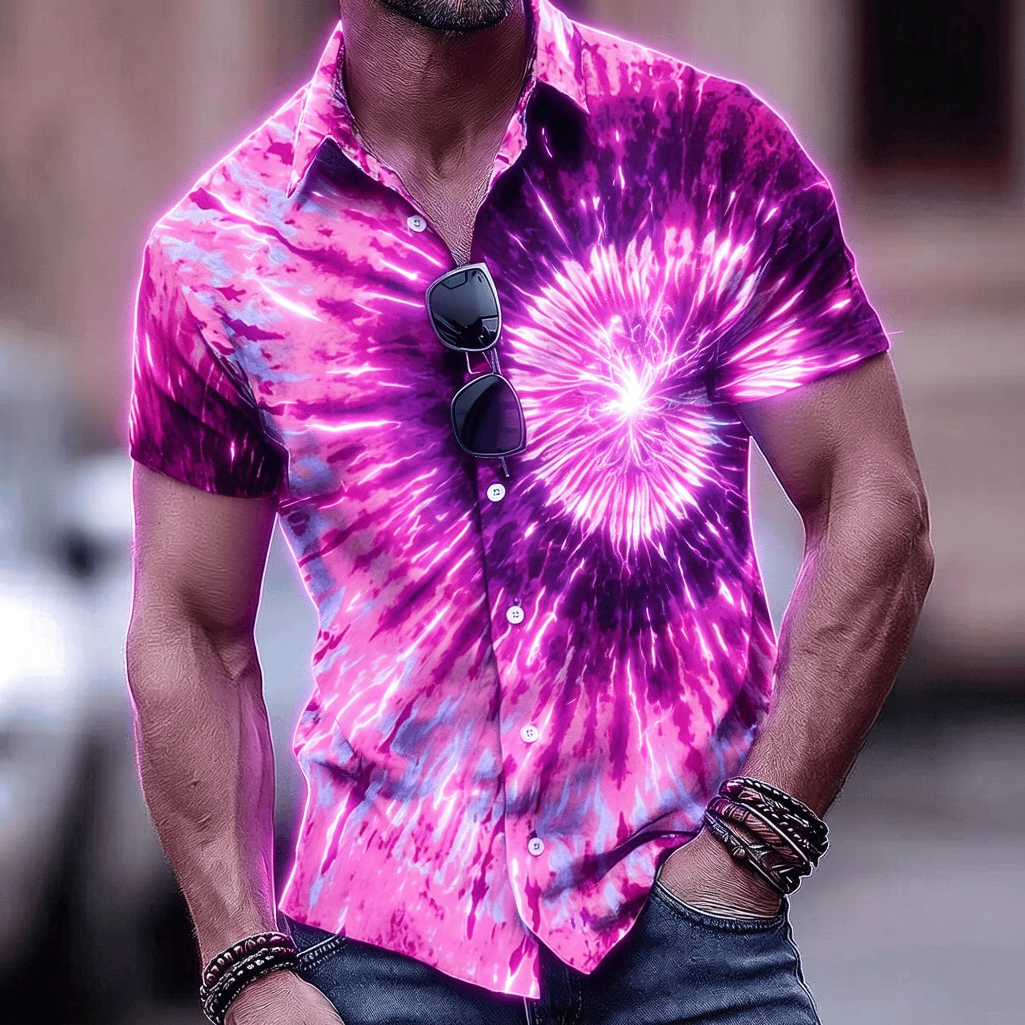 Men's Pink Purple Neon Tie Dye Print Short Sleeve Shirt, Retro Psychedelic Button Up Shirt for Spring & Summer
Men's Pink Purple Neon Tie Dye Print Short Sleeve Shirt, Retro Psychedelic Button Up Shirt for Spring & Summer