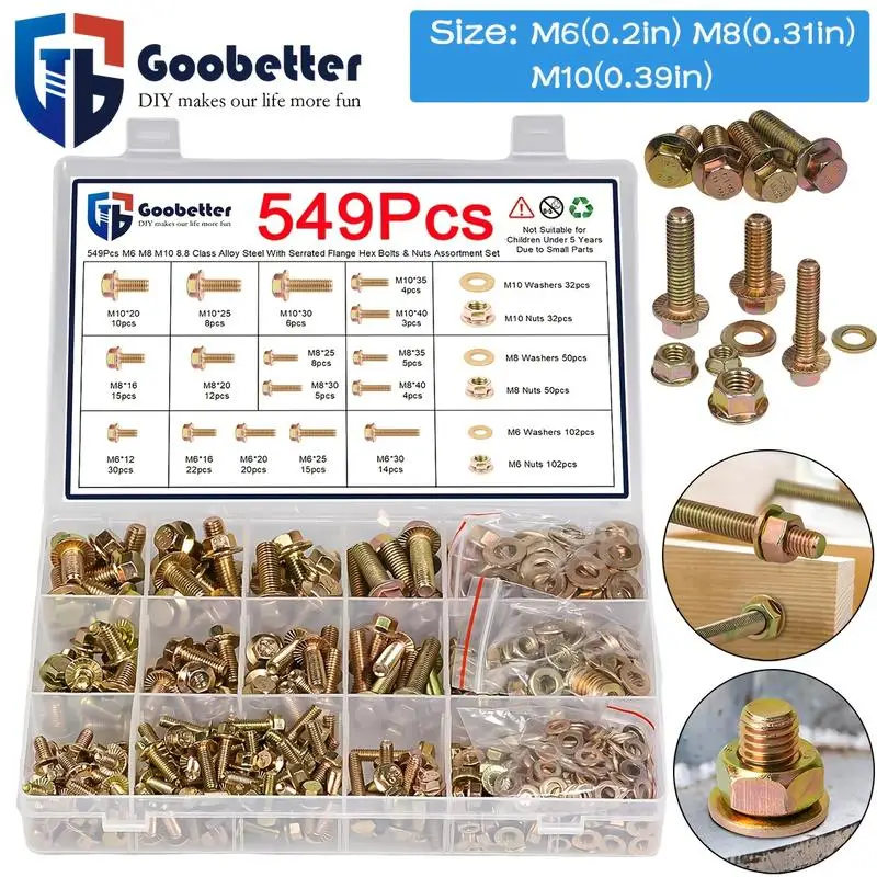 Class 8.8 Alloy Steel,Metric Flange Hex Bolts, Nuts &Washers Assortment Kit, M6 M8 M10 Sizes, 292pcs、549pcs
Class 8.8 Alloy Steel,Metric Flange Hex Bolts, Nuts &Washers Assortment Kit, M6 M8 M10 Sizes, 292pcs、549pcs