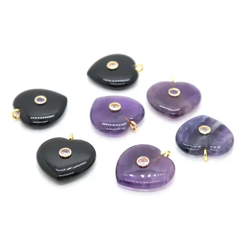 Natural Fluorite Heart Pendants for Women DIY Jewelry with Amethyst Rose Quartz Black Agate Inlay And Zircon Stone Pendant