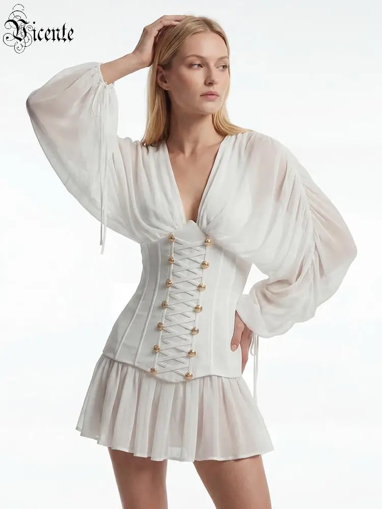 VC Elegant White Corset Mini Dress for Women V-Neck Chiffon Long Sleeve Lace-Up Waist Slim Fit Ruffle Hem Women's Casual Dresses
VC Elegant White Corset Mini Dress for Women V-Neck Chiffon Long Sleeve Lace-Up Waist Slim Fit Ruffle Hem Women's Casual Dresses