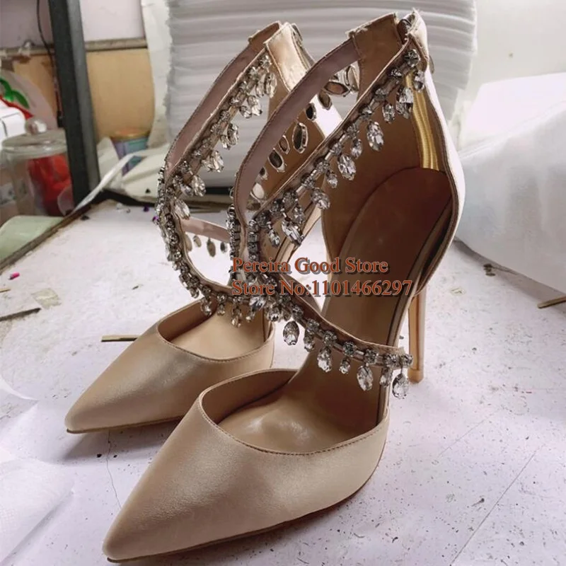 Champagne Satin Crystal Fringe Pointed Toe High Heel Pumps Cross Strap Cutouts Rhinestone Tassels Wedding Bride Shoes Women
Champagne Satin Crystal Fringe Pointed Toe High Heel Pumps Cross Strap Cutouts Rhinestone Tassels Wedding Bride Shoes Women