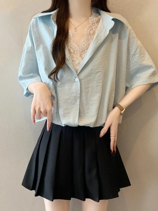 Light Blue V-Neck Short Sleeve Shirt Women's plus Size Summer New Style Irregular Top Korean Style Commute Wind Loose Fit
Light Blue V-Neck Short Sleeve Shirt Women's plus Size Summer New Style Irregular Top Korean Style Commute Wind Loose Fit