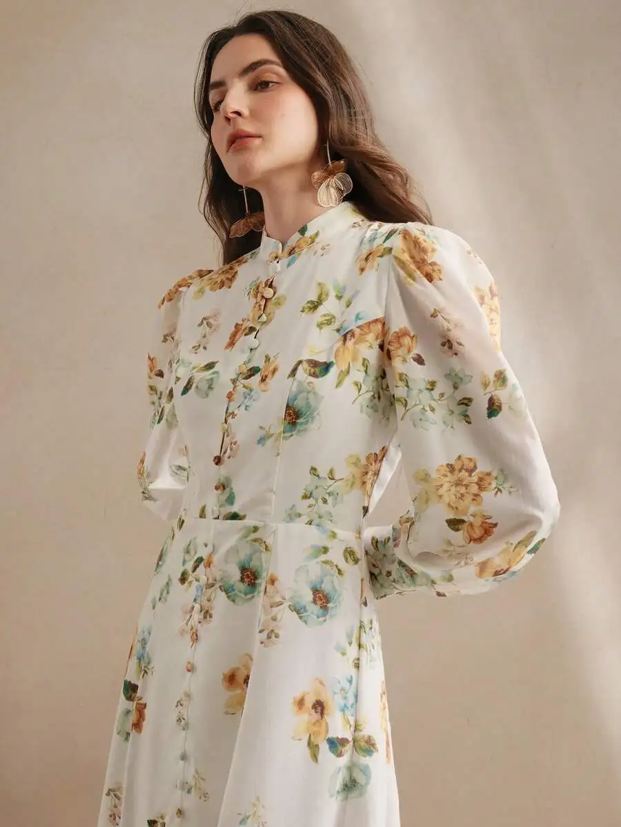 Elegant Floral Print Stand Collar Fitted Long Sleeve Dress For Women Spring
Elegant Floral Print Stand Collar Fitted Long Sleeve Dress For Women Spring