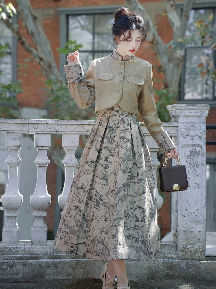 New Autumn Winter Women Elegant Skirt Suits Chinese Style Fashion Corduroy Short Jacket And Retro Print Long Skirt Two Piece Set
New Autumn Winter Women Elegant Skirt Suits Chinese Style Fashion Corduroy Short Jacket And Retro Print Long Skirt Two Piece Set