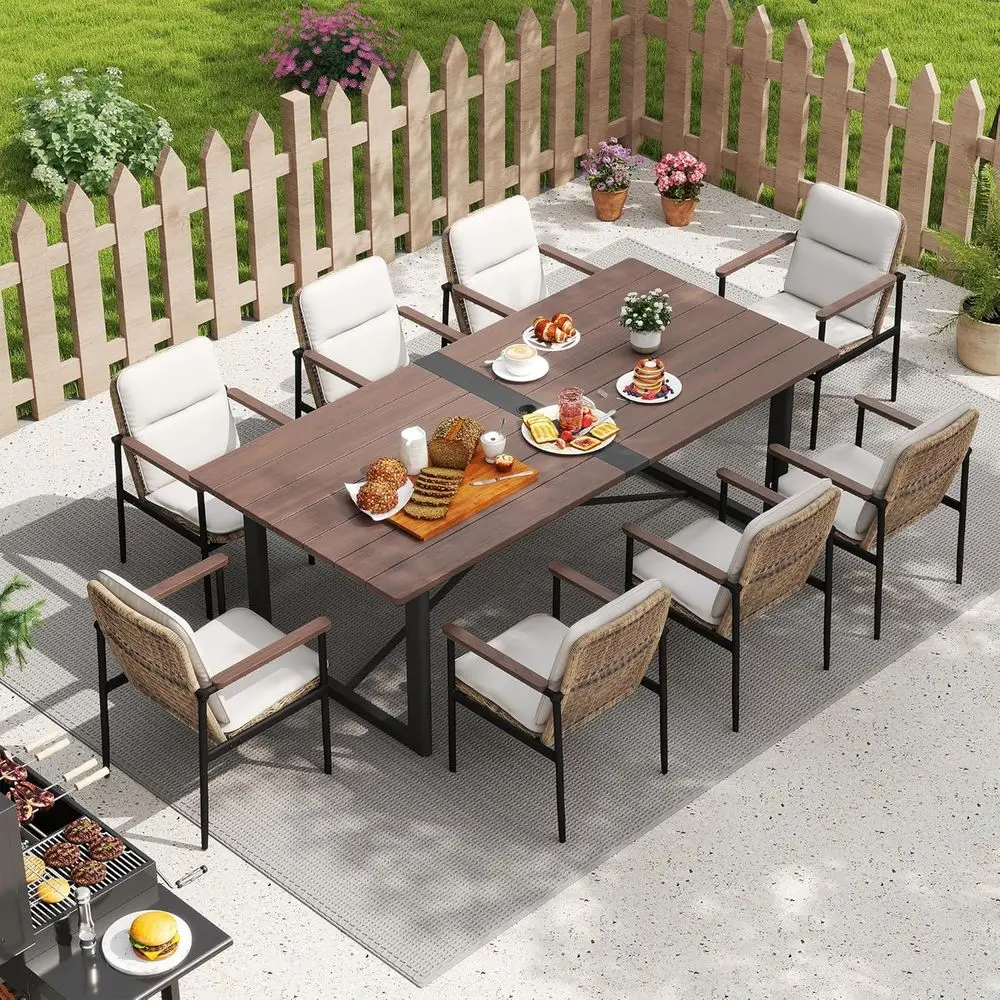 9-Piece Outdoor Patio Dining Set with 8 Wicker Chairs and Olefin Cushions, Large Wooden Table with Umbrella Hole
9-Piece Outdoor Patio Dining Set with 8 Wicker Chairs and Olefin Cushions, Large Wooden Table with Umbrella Hole