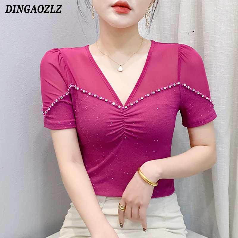European Style Women Tees Patchwork V Neck Mesh Tops Fashion Diamond Summer Short Sleeve T Shirt
European Style Women Tees Patchwork V Neck Mesh Tops Fashion Diamond Summer Short Sleeve T Shirt