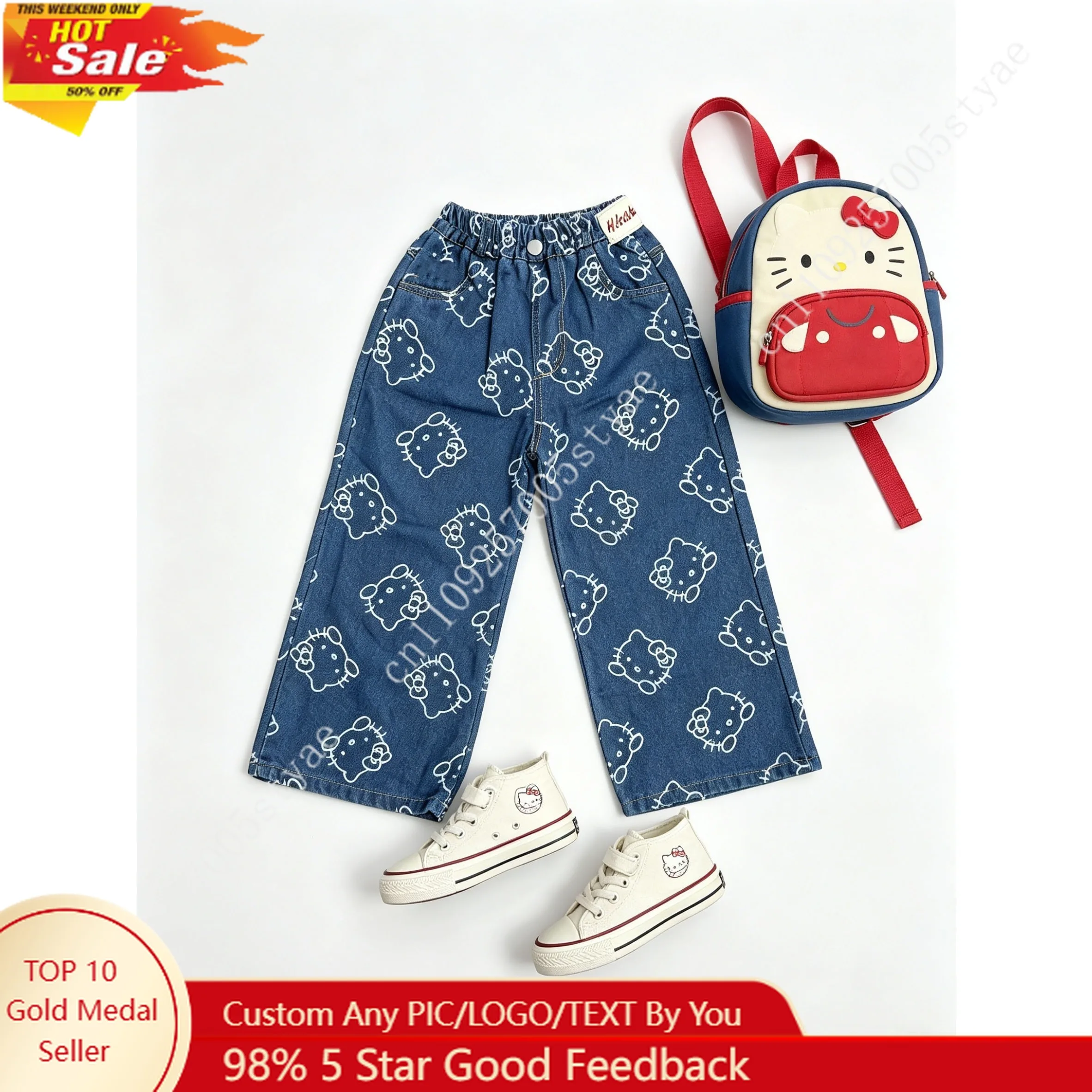 Sanrio Hello Kitty Girls' Jeans Cute Cartoon Full Print Comfortable Fabric Elastic Waist Kid Straight Leg Pants
Sanrio Hello Kitty Girls' Jeans Cute Cartoon Full Print Comfortable Fabric Elastic Waist Kid Straight Leg Pants