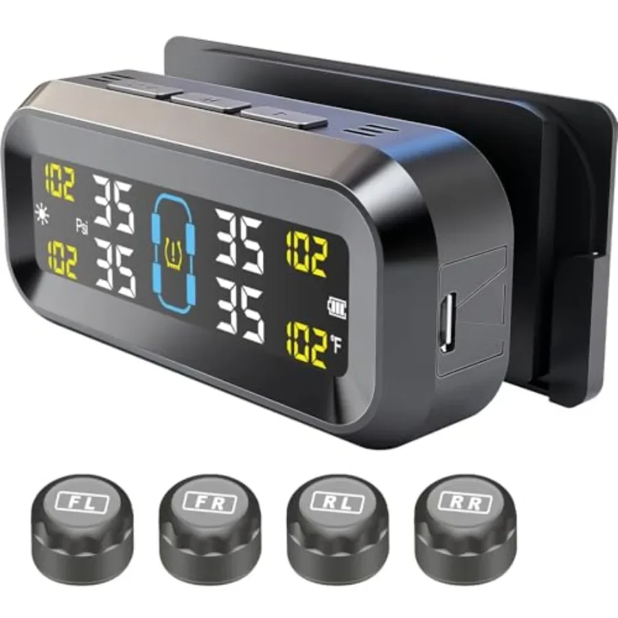 Tire Pressure Monitoring System with Solar and USB Charger-TPMS with 4 External Sensors and 6 Alarm Modes, LCD Display Screen,
Tire Pressure Monitoring System with Solar and USB Charger-TPMS with 4 External Sensors and 6 Alarm Modes, LCD Display Screen,