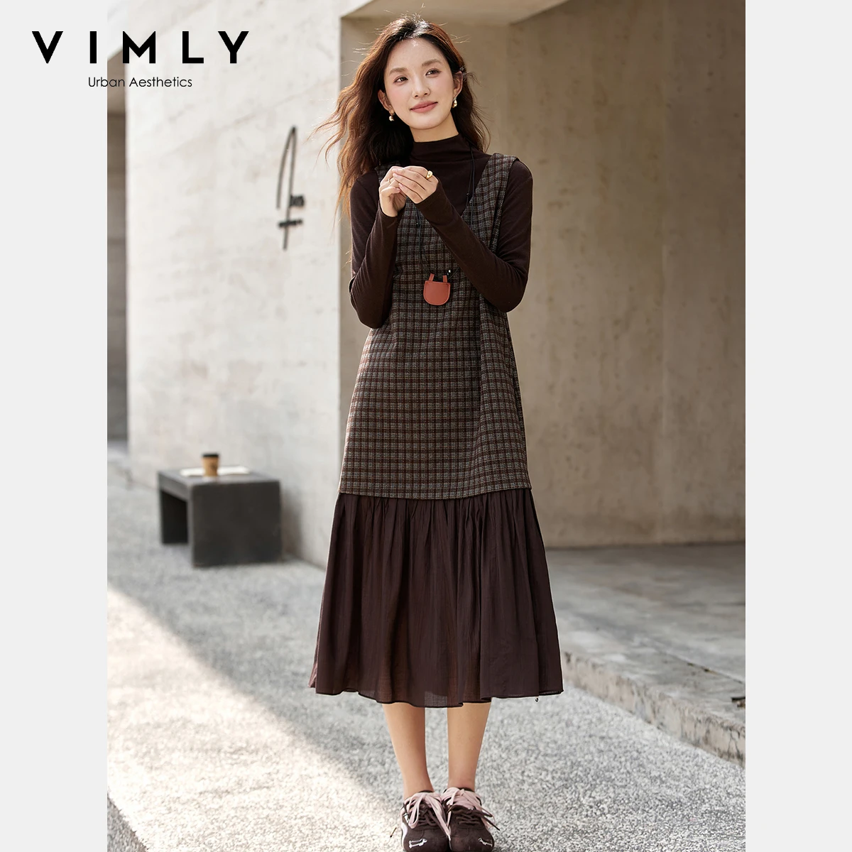 VIMLY Brown Plaid Midi Dresses Vintage Woman 2025 V-neck Sleeveless Vest Dress Elegant Spliced Chiffion Ruffled Dresses A2802 
VIMLY Brown Plaid Midi Dresses Vintage Woman 2025 V-neck Sleeveless Vest Dress Elegant Spliced Chiffion Ruffled Dresses A2802