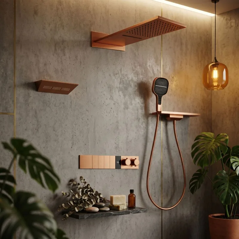Brushed Rose Gold Concealed Thermostatic Shower System Full Copper Digital Display In Wall Built In Shower Mixer Set
Brushed Rose Gold Concealed Thermostatic Shower System Full Copper Digital Display In Wall Built In Shower Mixer Set