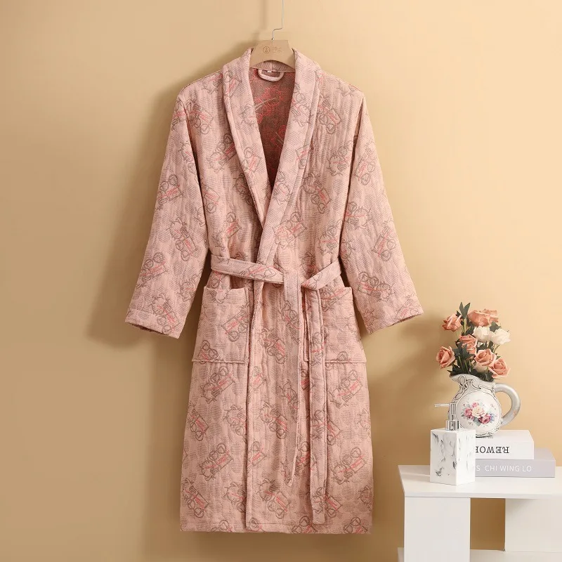 Pure Cotton Bathrobe with Four Layers of Gauze Autumn and Winter Thick Couple Cotton Yarn Nightgown Home Clothes
Pure Cotton Bathrobe with Four Layers of Gauze Autumn and Winter Thick Couple Cotton Yarn Nightgown Home Clothes