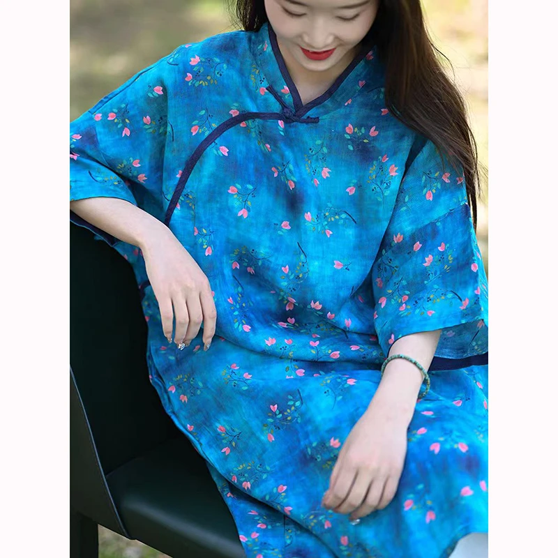 2025 Summer New Arts Style Women Stand Collar Loose Casual Knee-length Dresses Vintage Print Cotton Linen Dress Good Quality M43 
2025 Summer New Arts Style Women Stand Collar Loose Casual Knee-length Dresses Vintage Print Cotton Linen Dress Good Quality M43