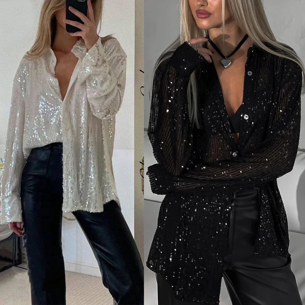 Women's Sequin Glossy Party Shirts & Blouses Single Breasted Long Sleeve Lapel Streetwear All-Season Shiny Tops Fashion Blusas
Women's Sequin Glossy Party Shirts & Blouses Single Breasted Long Sleeve Lapel Streetwear All-Season Shiny Tops Fashion Blusas