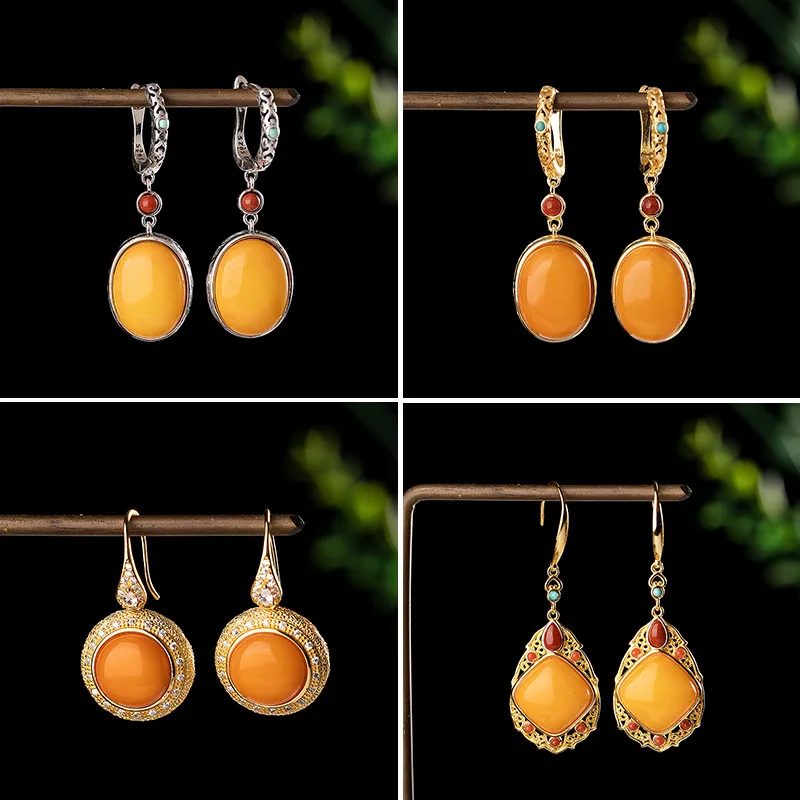 925 Silver Gold-Plated Inlaid Natural Amber Beeswax Round Drop Hook Earrings Women
925 Silver Gold-Plated Inlaid Natural Amber Beeswax Round Drop Hook Earrings Women