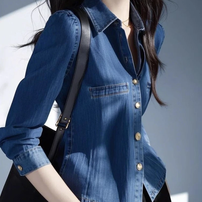New High-end Shirt Hong Kong Style Outfit Is Super Beautiful and Unique Blue Denim Lapel Shirt
New High-end Shirt Hong Kong Style Outfit Is Super Beautiful and Unique Blue Denim Lapel Shirt