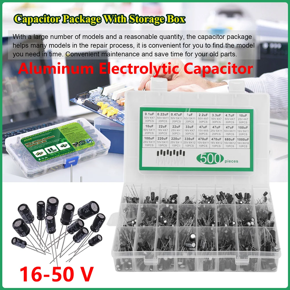 500Pcs 24Values 16-50V 0.1-1000uF Aluminum Electrolytic Capacitor Assorted Assortment Kit for TV LCD Monitor Radio Stereo Game
500Pcs 24Values 16-50V 0.1-1000uF Aluminum Electrolytic Capacitor Assorted Assortment Kit for TV LCD Monitor Radio Stereo Game