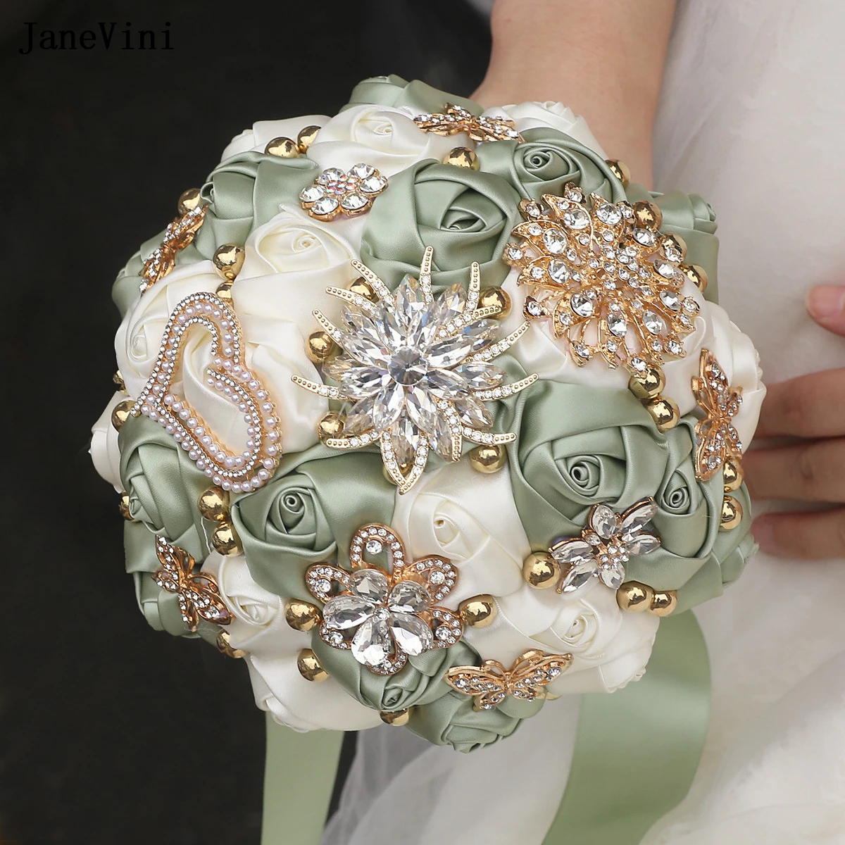 JaneVini Luxury Gold Crystals Bridal Bouquets Handmade Satin Roses Sage Ivory Bride Hand Flowers Bridesmaid Bouquet for Wedding
JaneVini Luxury Gold Crystals Bridal Bouquets Handmade Satin Roses Sage Ivory Bride Hand Flowers Bridesmaid Bouquet for Wedding