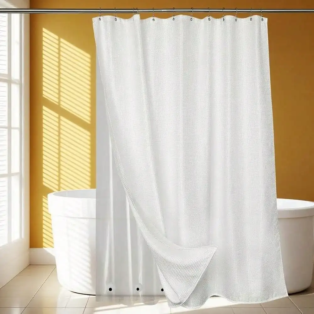 In 1 Shower Curtain With Liner And Hooks, White Waffle Fabric Heavy Duty Hotel Quality Shower Curtain And PEVA Clear Liner With 12 Double Sided Hooks For Bathroom, Waterproof,72 W X 72 H
In 1 Shower Curtain With Liner And Hooks, White Waffle Fabric Heavy Duty Hotel Quality Shower Curtain And PEVA Clear Liner With 12 Double Sided Hooks For Bathroom, Waterproof,72 W X 72 H