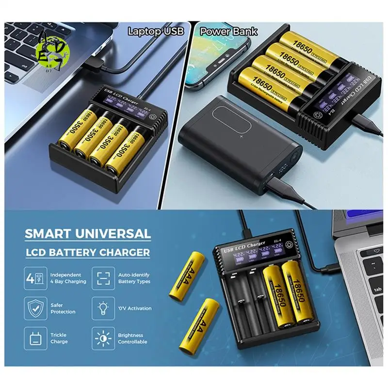 AED7-New USB LCD Battery Smart Charger 4 Slots Dual For 18650 3.7V Rechargeable Lithium Battery For 1.2V NI-MH AA / AAA
AED7-New USB LCD Battery Smart Charger 4 Slots Dual For 18650 3.7V Rechargeable Lithium Battery For 1.2V NI-MH AA / AAA