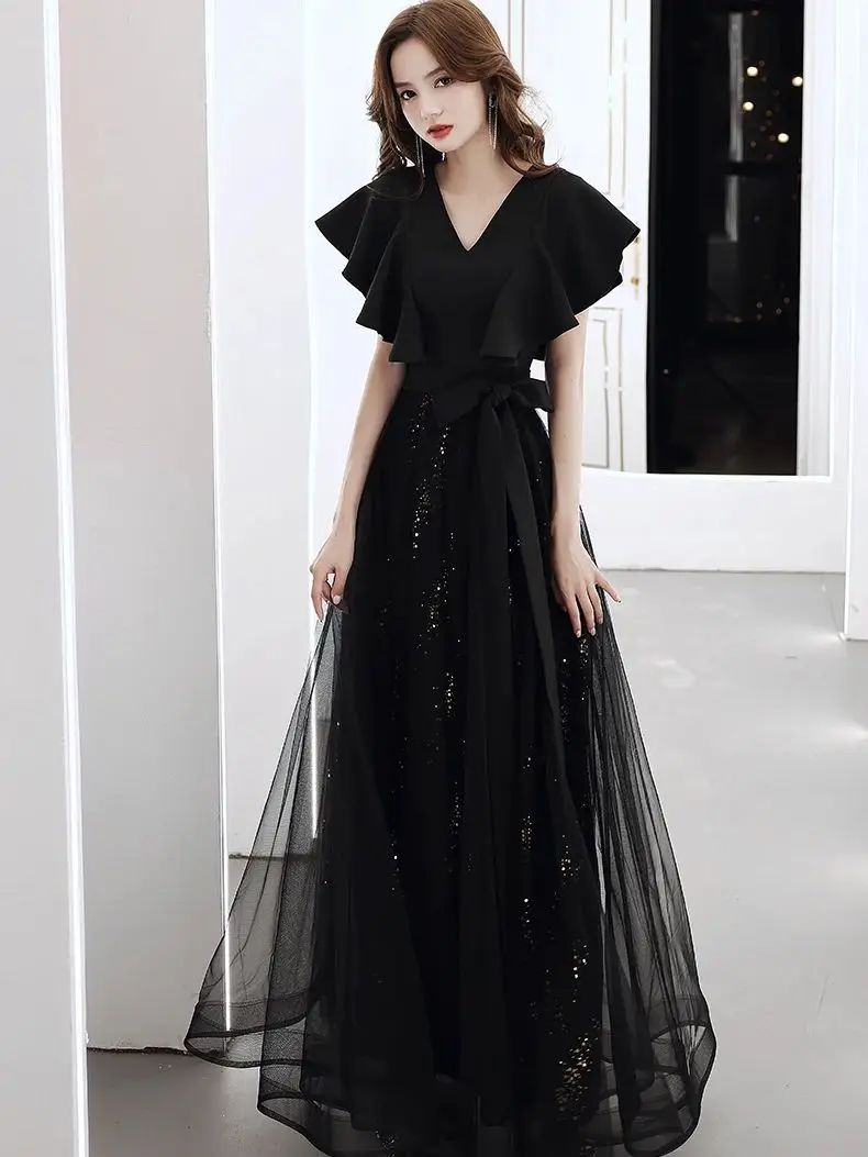 Elegant Black Formal Evening Dress V-Neck Ruffles Sleeve Slim Fit Sequins Organza Long Dress Banquet Party Women Prom Gowns
Elegant Black Formal Evening Dress V-Neck Ruffles Sleeve Slim Fit Sequins Organza Long Dress Banquet Party Women Prom Gowns