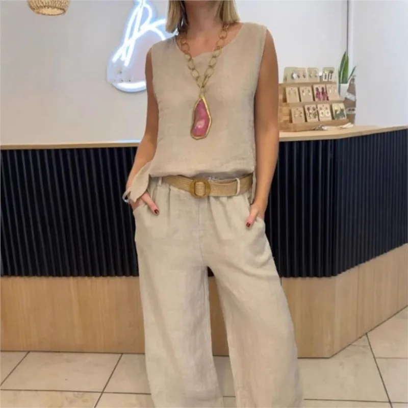 Casual Solid Cotton Linen Set 2025 Fashion Sleeveless O Neck Pullover Tops & Wide Leg Pants Womens 2 Piece Sets Office Clothing
Casual Solid Cotton Linen Set 2025 Fashion Sleeveless O Neck Pullover Tops & Wide Leg Pants Womens 2 Piece Sets Office Clothing