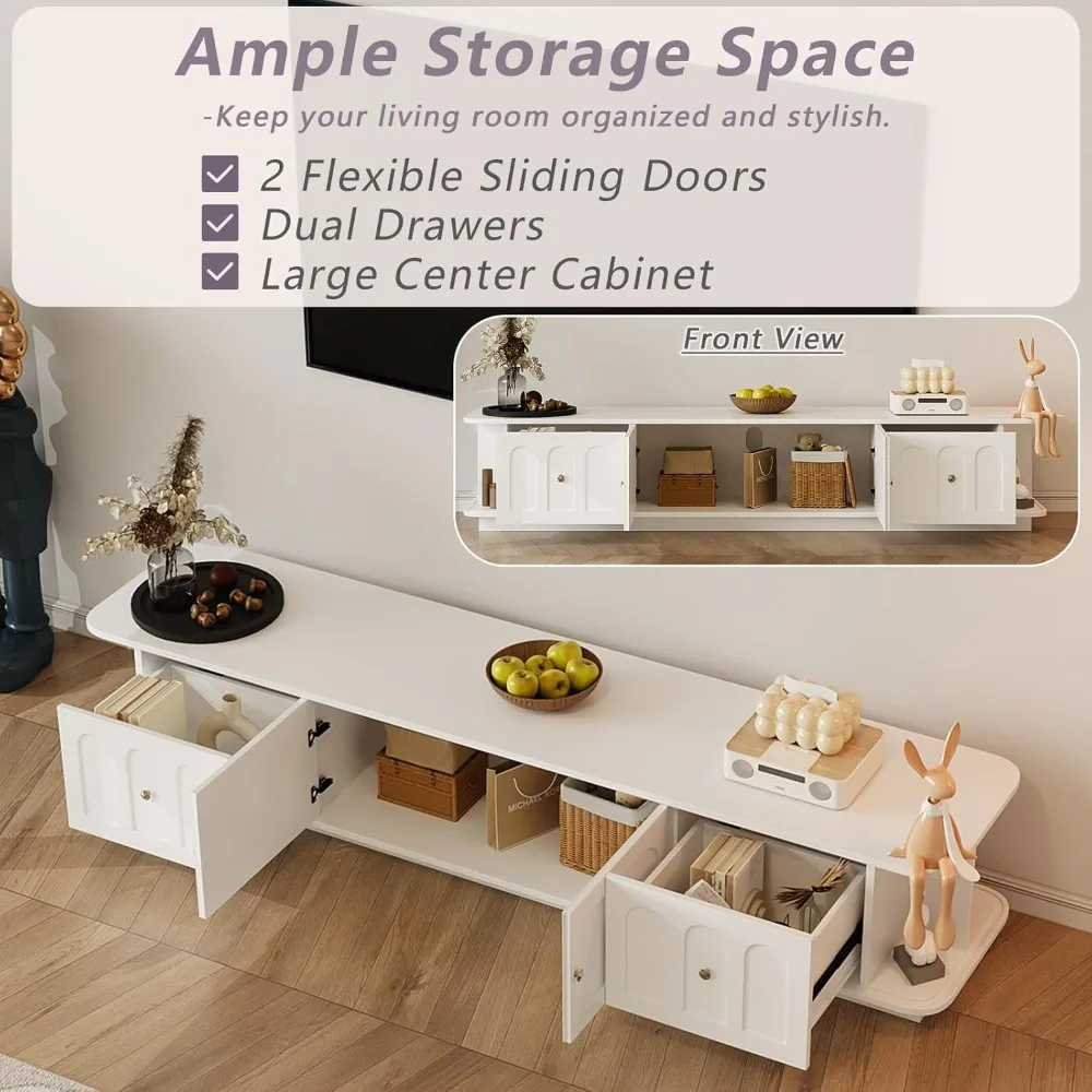 Современная подставка под телевизор с местом для хранения вещей, минималистичный развлекательный центр, с двумя ящиками и открытыми полками.
Современная подставка под телевизор с местом для хранения вещей, минималистичный развлекательный центр, с двумя ящиками и открытыми полками.