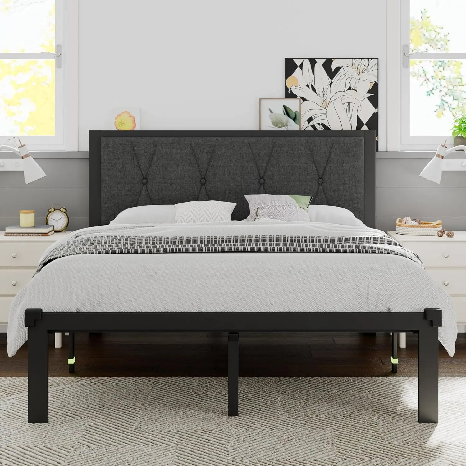 Queen Size Metal Bed Frame, Platform Bed with Upholstered Button Tufted Headboard, 12" Underbed Storage, Steel Slats Support, No
Queen Size Metal Bed Frame, Platform Bed with Upholstered Button Tufted Headboard, 12" Underbed Storage, Steel Slats Support, No