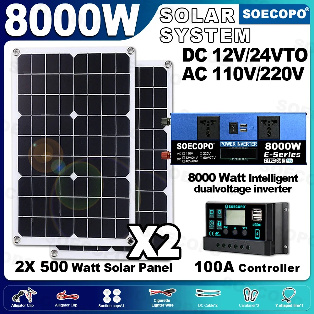 SSOECOPO 8000W Solar System Kit 2×500W Panels DC 12V/24V To 110V 220V Inverter 100A Controller Portable for Home Camping
SSOECOPO 8000W Solar System Kit 2×500W Panels DC 12V/24V To 110V 220V Inverter 100A Controller Portable for Home Camping