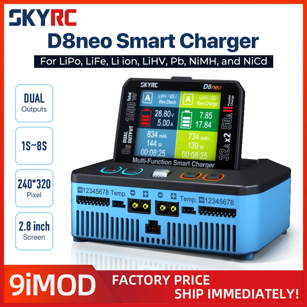 SKYRC D8neo Smart Charger Dual Outputs 1-8S 240x320Pixel Multi-Function Charger For LiPo LiFe Li ion LiHV Pb NiMH and NiCd
SKYRC D8neo Smart Charger Dual Outputs 1-8S 240x320Pixel Multi-Function Charger For LiPo LiFe Li ion LiHV Pb NiMH and NiCd