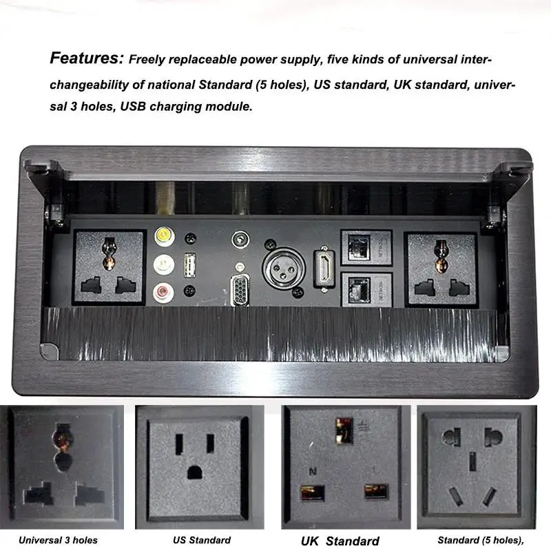 Clamshell Pop-Up Desktop Socket 10A/2000W, Aluminum Alloy, USB+HDMI+VGA+3.5mm+XLR, Universal Socket, Dustproof Brush Best Price
Clamshell Pop-Up Desktop Socket 10A/2000W, Aluminum Alloy, USB+HDMI+VGA+3.5mm+XLR, Universal Socket, Dustproof Brush Best Price
