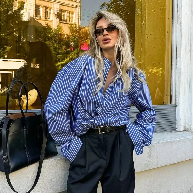 Chic Women French Style Blue Striped Blouse With Unique Collar Design Long Sleeve Casual Oversized Shirt For Trendy Office Wear
Chic Women French Style Blue Striped Blouse With Unique Collar Design Long Sleeve Casual Oversized Shirt For Trendy Office Wear