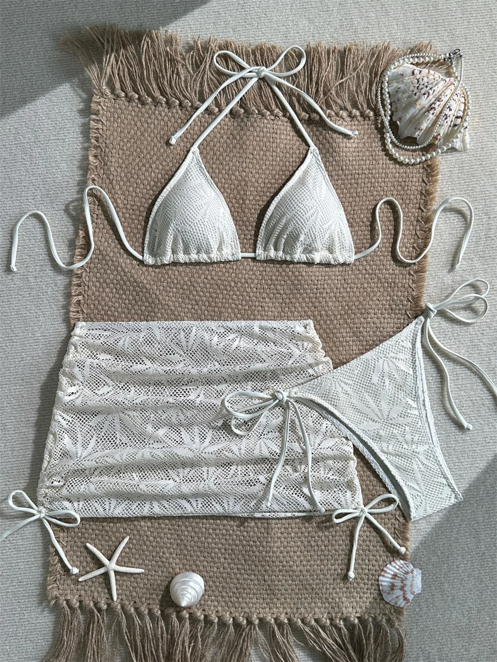 Sexy White String Bikini Mesh Hollow Out Sheer Swimsuit Skirt Women Backless Lace Up Vacation Swimwear Beach Outfit Jacquard Set
Sexy White String Bikini Mesh Hollow Out Sheer Swimsuit Skirt Women Backless Lace Up Vacation Swimwear Beach Outfit Jacquard Set