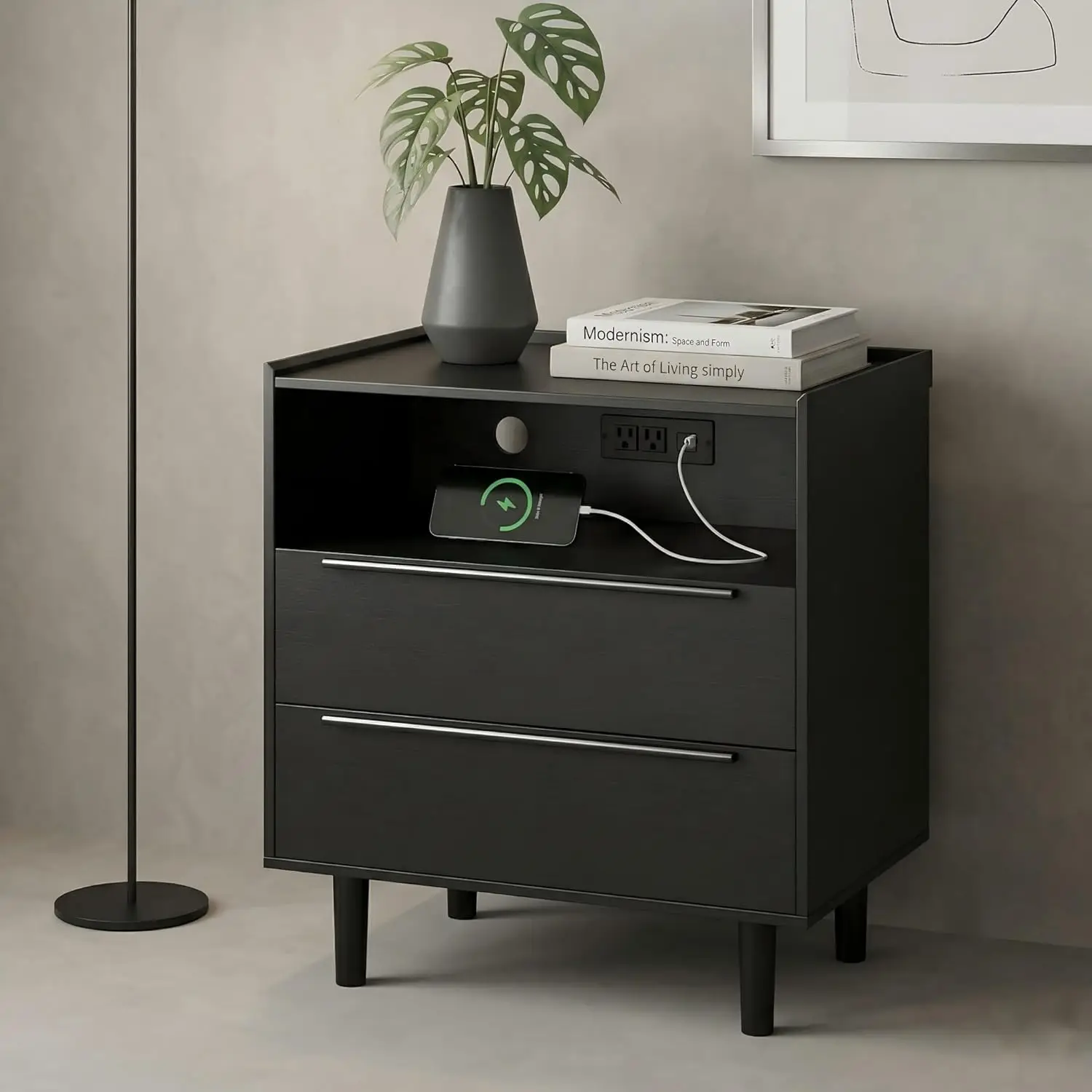 26" Tall Black Nightstand with Charging Station, 2 Drawer Contemporary Modern Bedside Table with Tray Top, USB, Customized
26" Tall Black Nightstand with Charging Station, 2 Drawer Contemporary Modern Bedside Table with Tray Top, USB, Customized