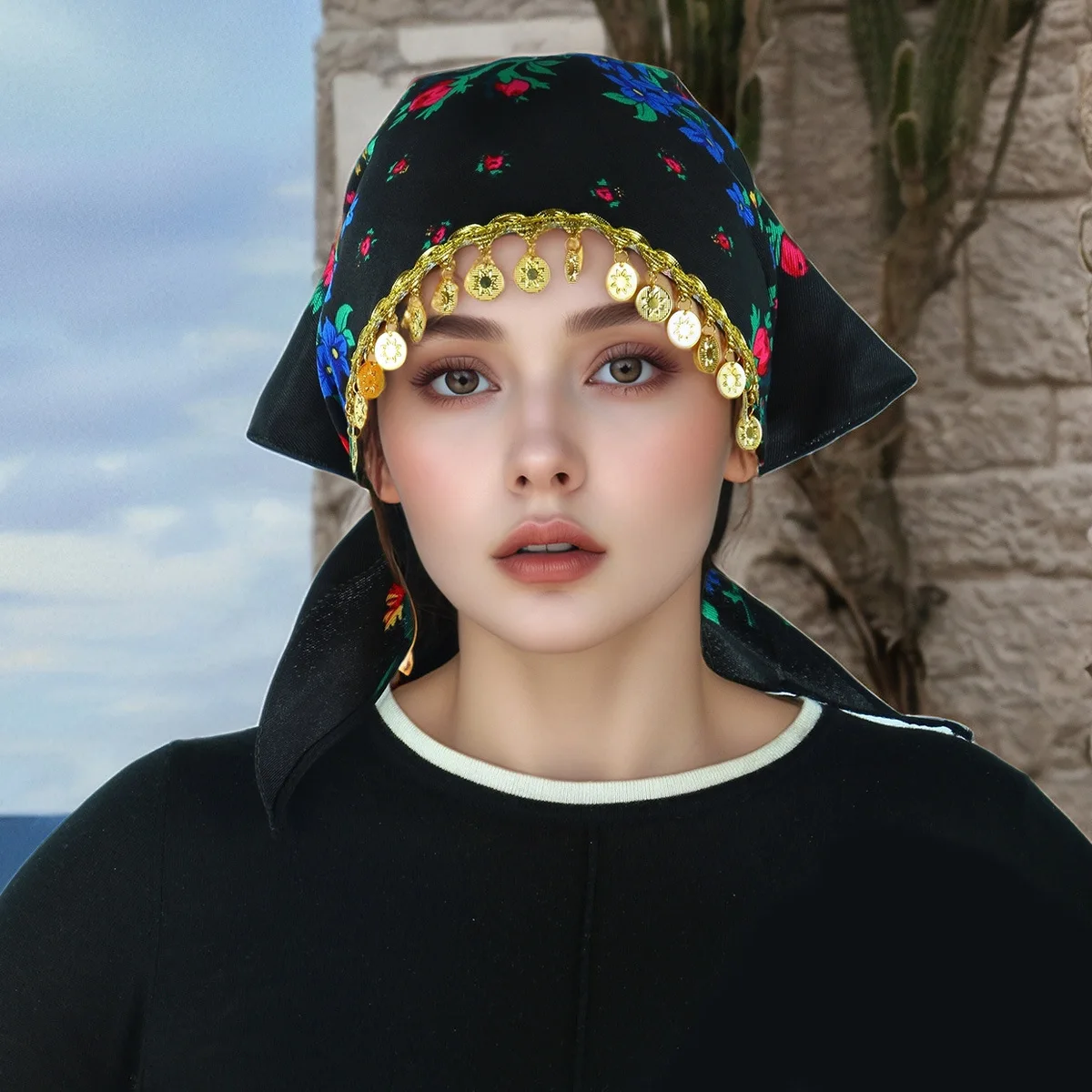 Muslim Russian Style Floral Print Gold Pieces Bandana Scarf Ethnic Headscarf Lady Headband Scarves Babushka Head Wraps
Muslim Russian Style Floral Print Gold Pieces Bandana Scarf Ethnic Headscarf Lady Headband Scarves Babushka Head Wraps