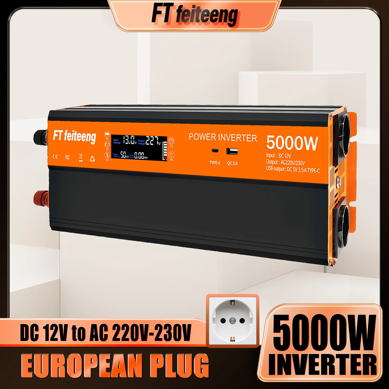FT feiteeng 5000W Duty 12V to 220V Car Power Inverter with EU Plug for RV Truck Camper Van, LCD Display & Dual Cooling Fans,
FT feiteeng 5000W Duty 12V to 220V Car Power Inverter with EU Plug for RV Truck Camper Van, LCD Display & Dual Cooling Fans,