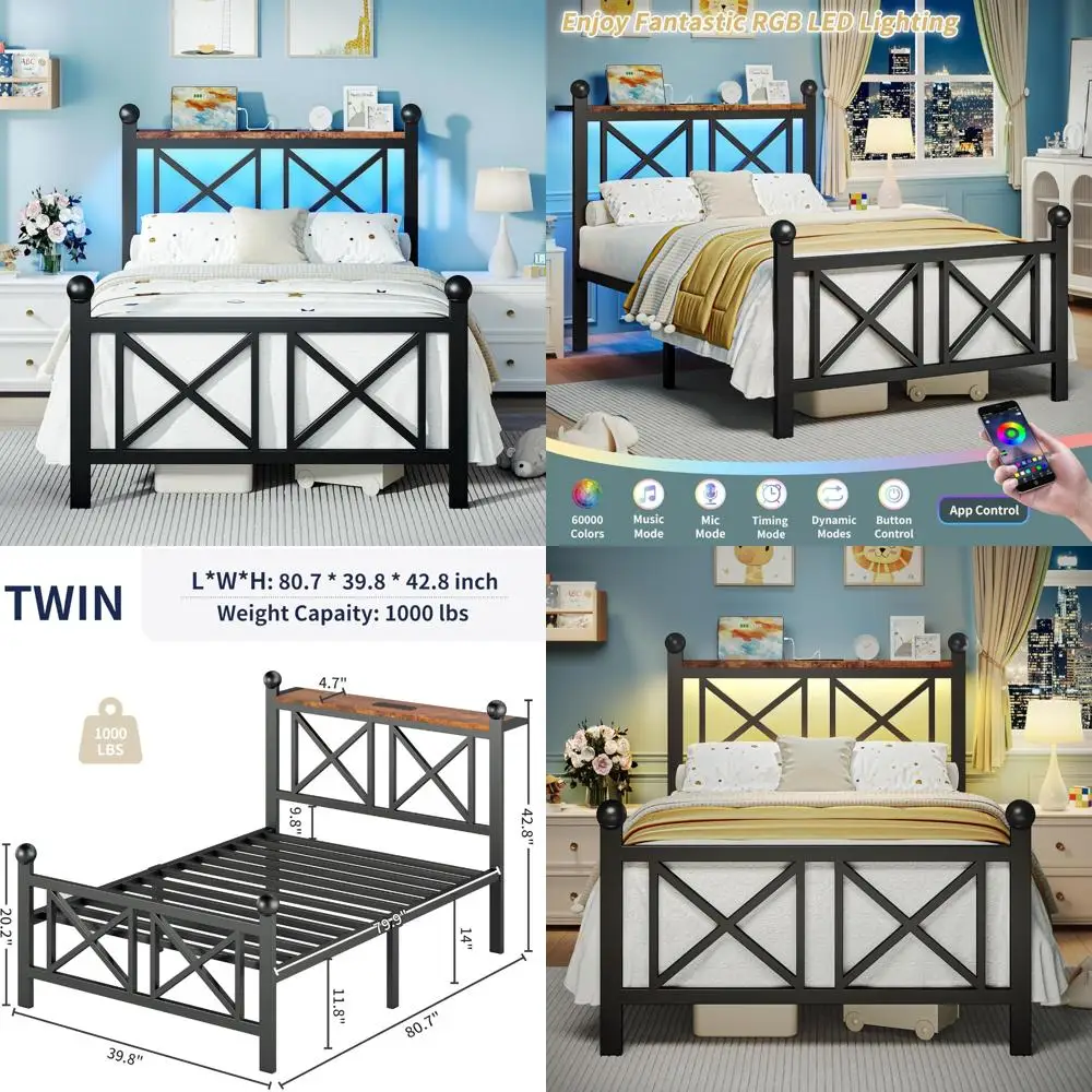 Durable Metal Twin Bed with LED Lights, Headboard, Footboard, Storage Shelf, and Charging Station
Durable Metal Twin Bed with LED Lights, Headboard, Footboard, Storage Shelf, and Charging Station