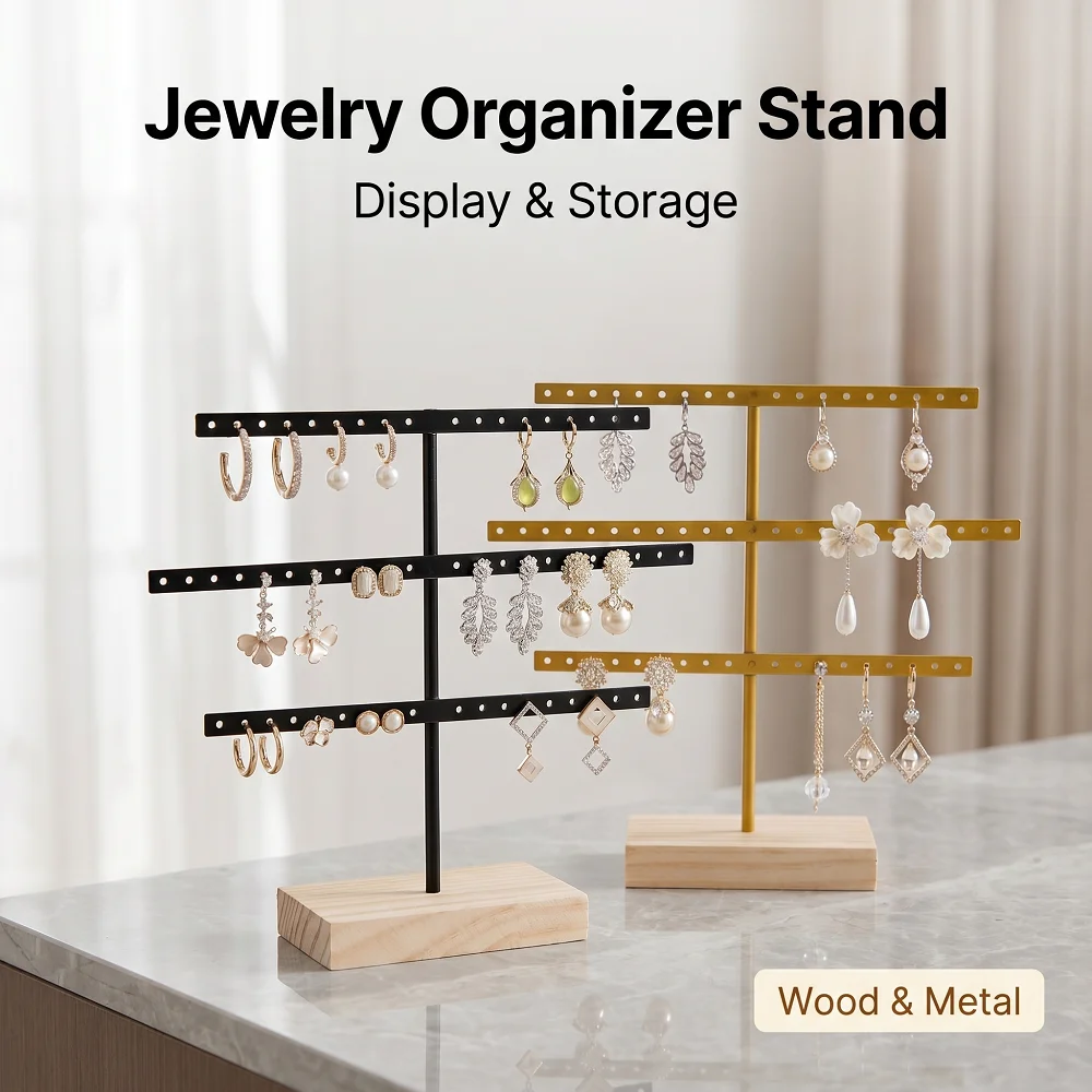 3 Tier Multi Hole Metal Earring Holder Wooden Base Jewelry Display Stand for Earrings Home Vanity & Jewelry Store Organizer
3 Tier Multi Hole Metal Earring Holder Wooden Base Jewelry Display Stand for Earrings Home Vanity & Jewelry Store Organizer