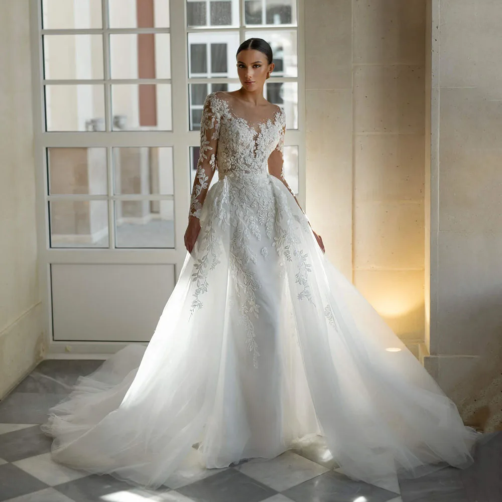 Msikoods Luxury Lace Wedding Dress Customizd Long Sleeve Tulle Overskirt Illusion Backless Appliqué Princess Bride Bridal Dress
Msikoods Luxury Lace Wedding Dress Customizd Long Sleeve Tulle Overskirt Illusion Backless Appliqué Princess Bride Bridal Dress